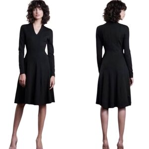 L.K. Bennett Aviana Black V-Neck Dress Size 6 Long Sleeve Fit Flare Ponte Knit